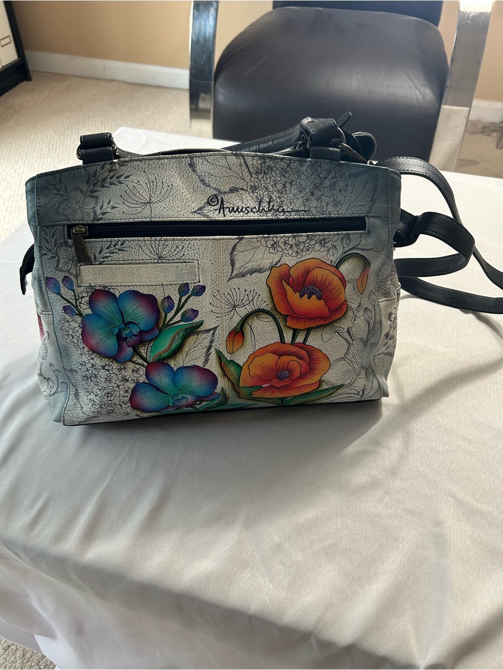 Anuschka Gray Leather Floral Shoulder Bag with Multicolor Blooms